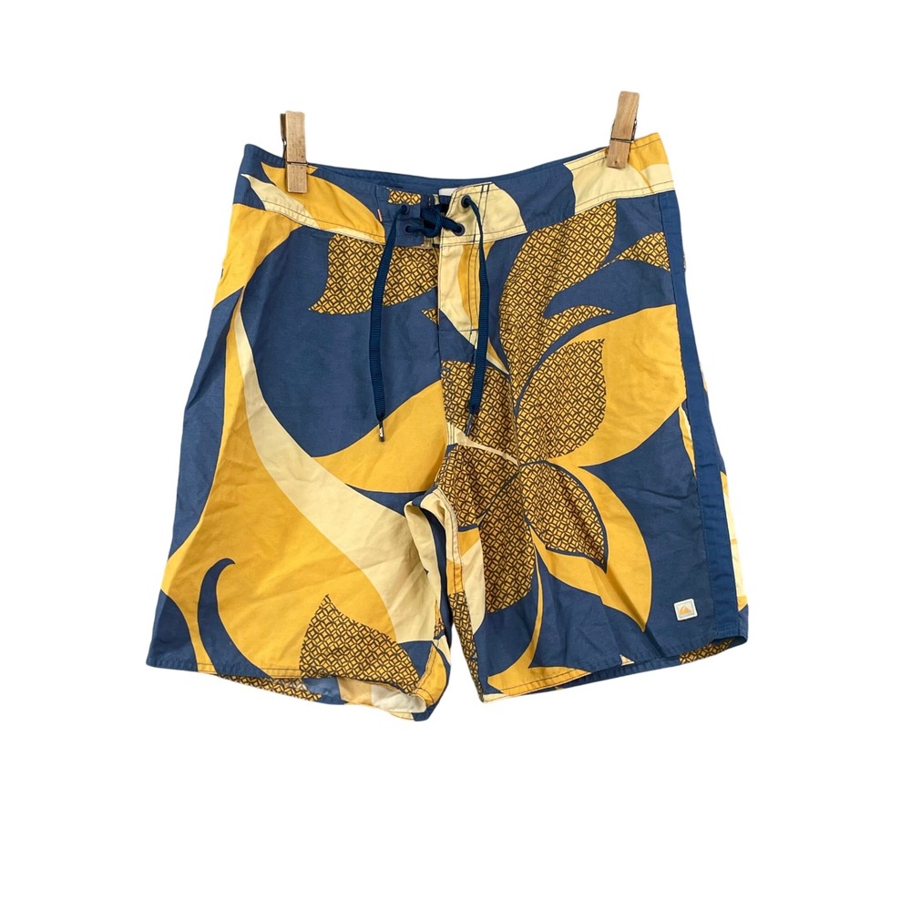 Quiksilver Waterman Board Shorts Mens 32 Blue Yellow Floral Tropical Surf Trunks